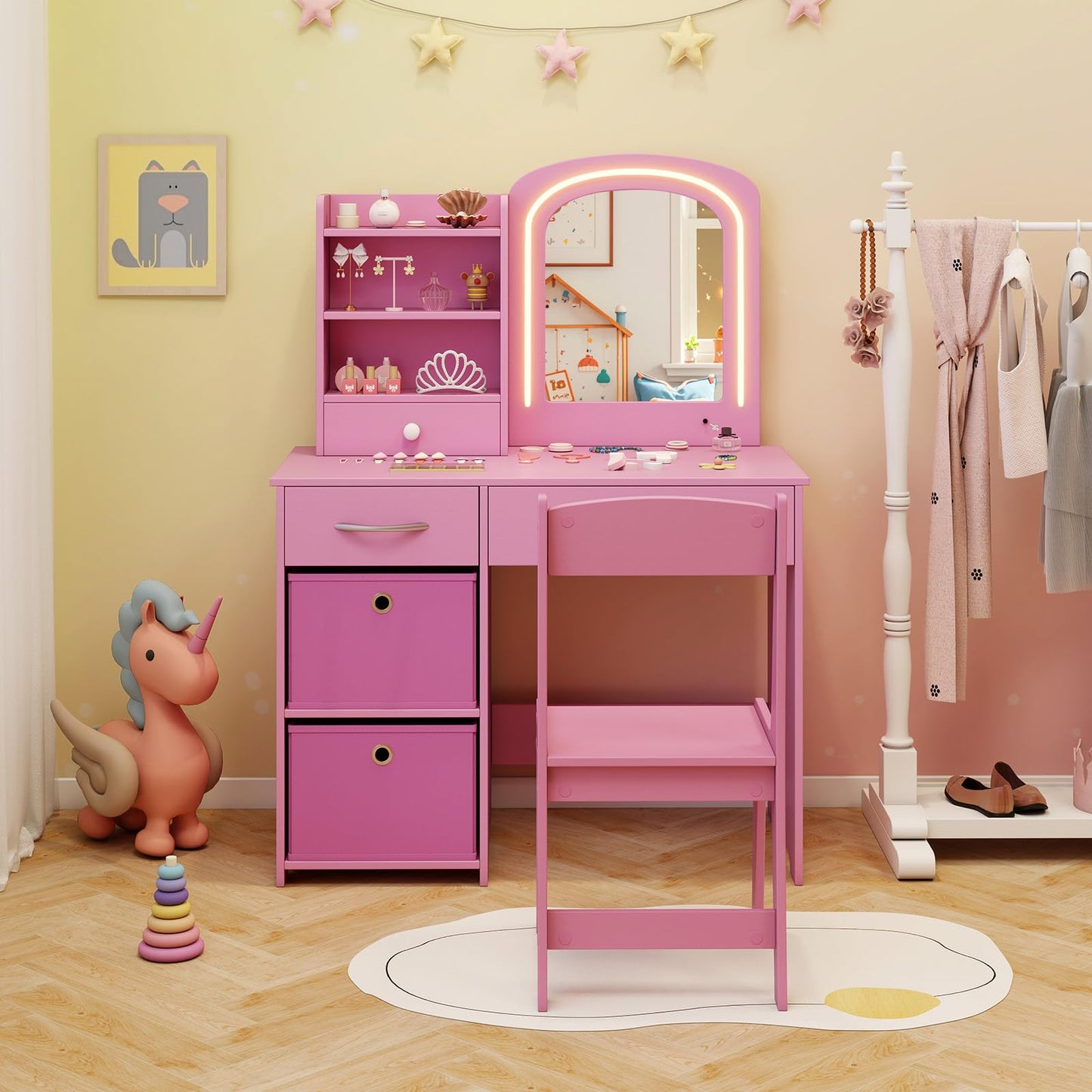 Kids Vanity Set with Lighted Mirror and Storage Drawers