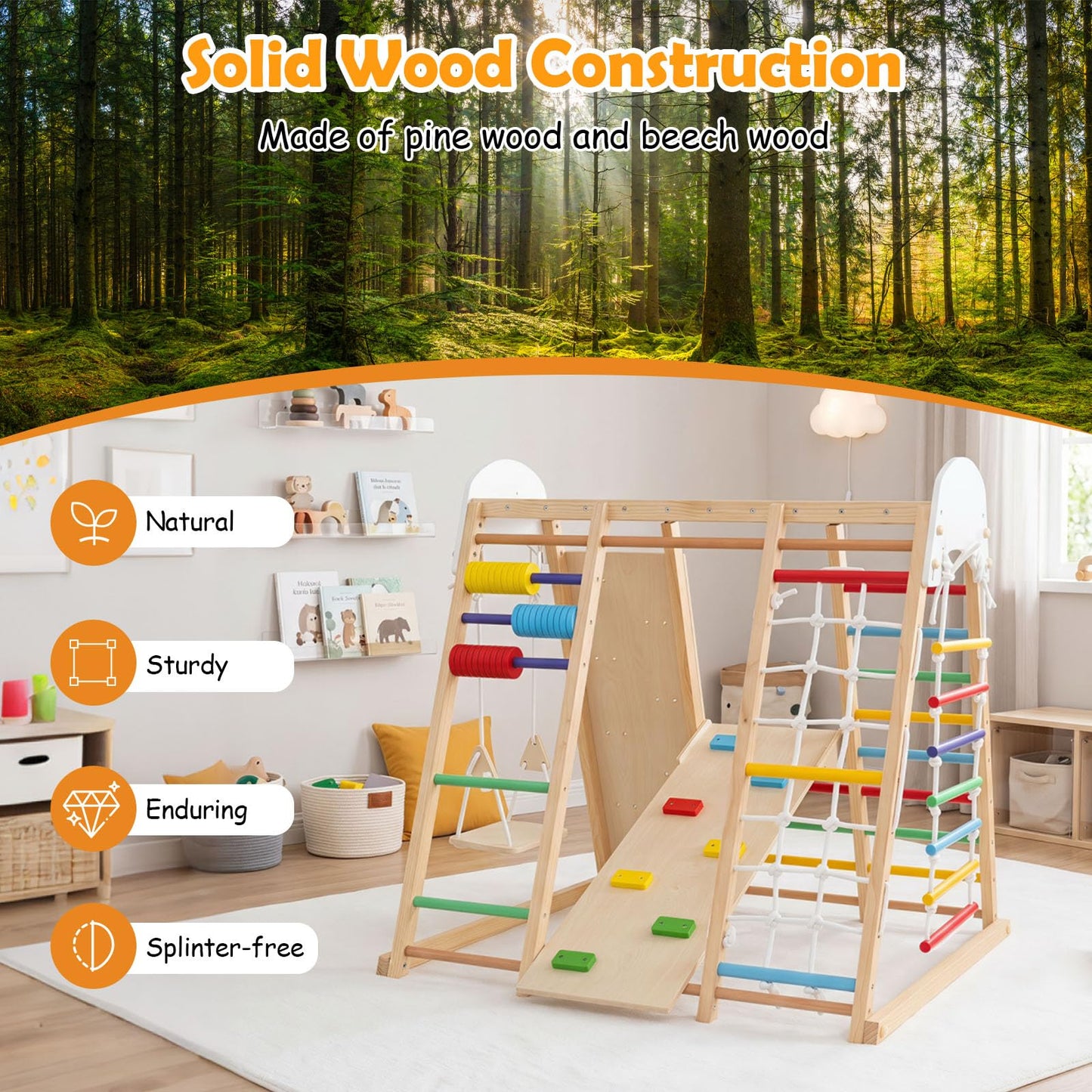 Indoor Climbing Frame, 8 in 1 Wooden Kids Jungle Gym with Swing