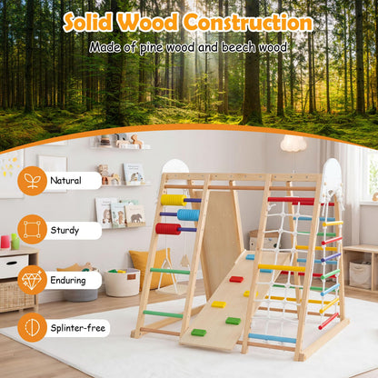 Indoor Climbing Frame, 8 in 1 Wooden Kids Jungle Gym with Swing
