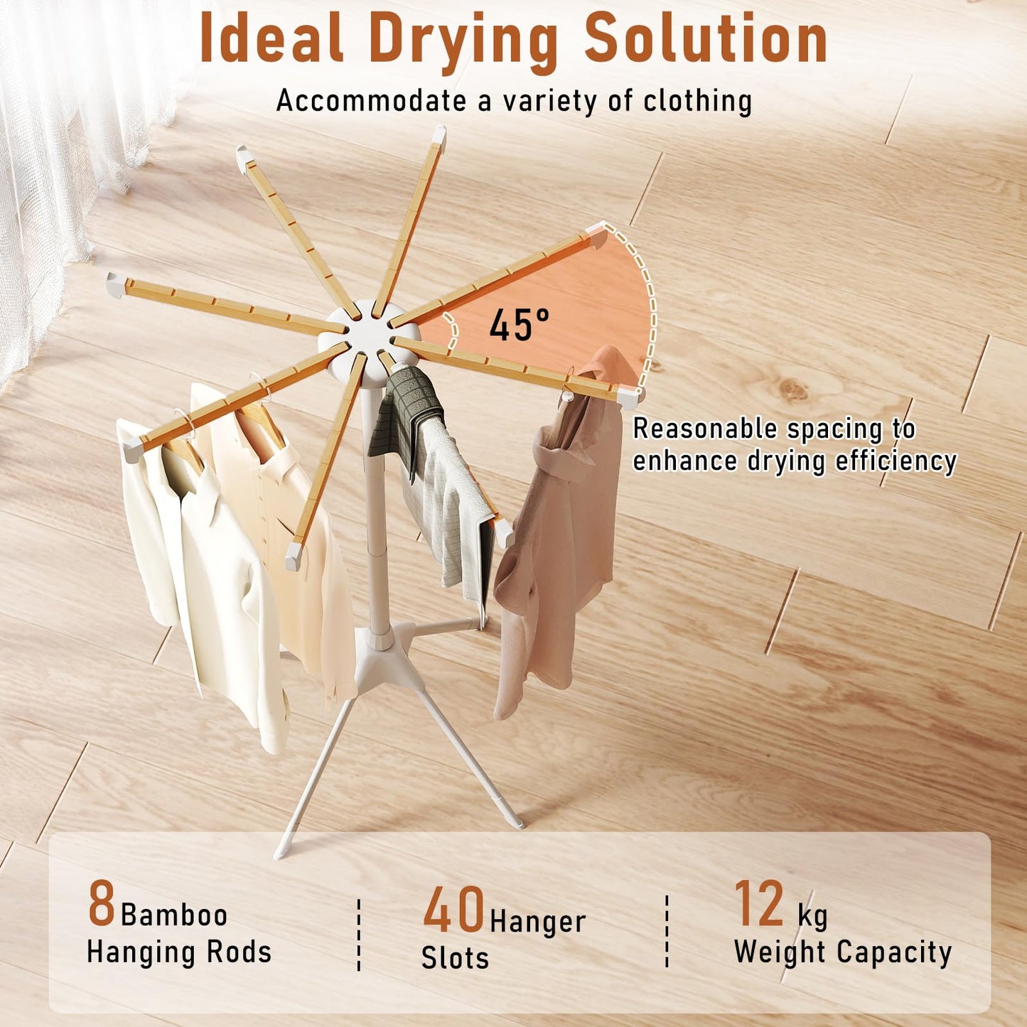 Foldable Laundry Drying Rack with 8 Bamboo Hanging Rods and 4-Legged Design