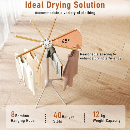 Foldable Laundry Drying Rack with 8 Bamboo Hanging Rods and 4-Legged Design