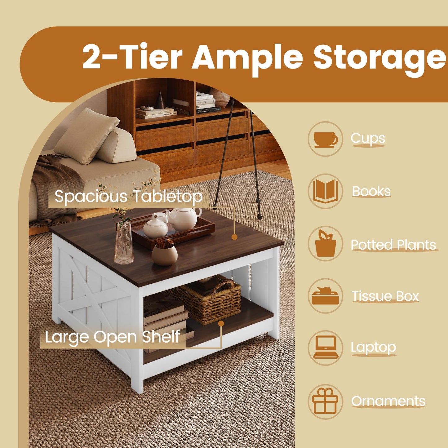 Farmhouse Coffee Table with Storage Shelf and Open Compartment