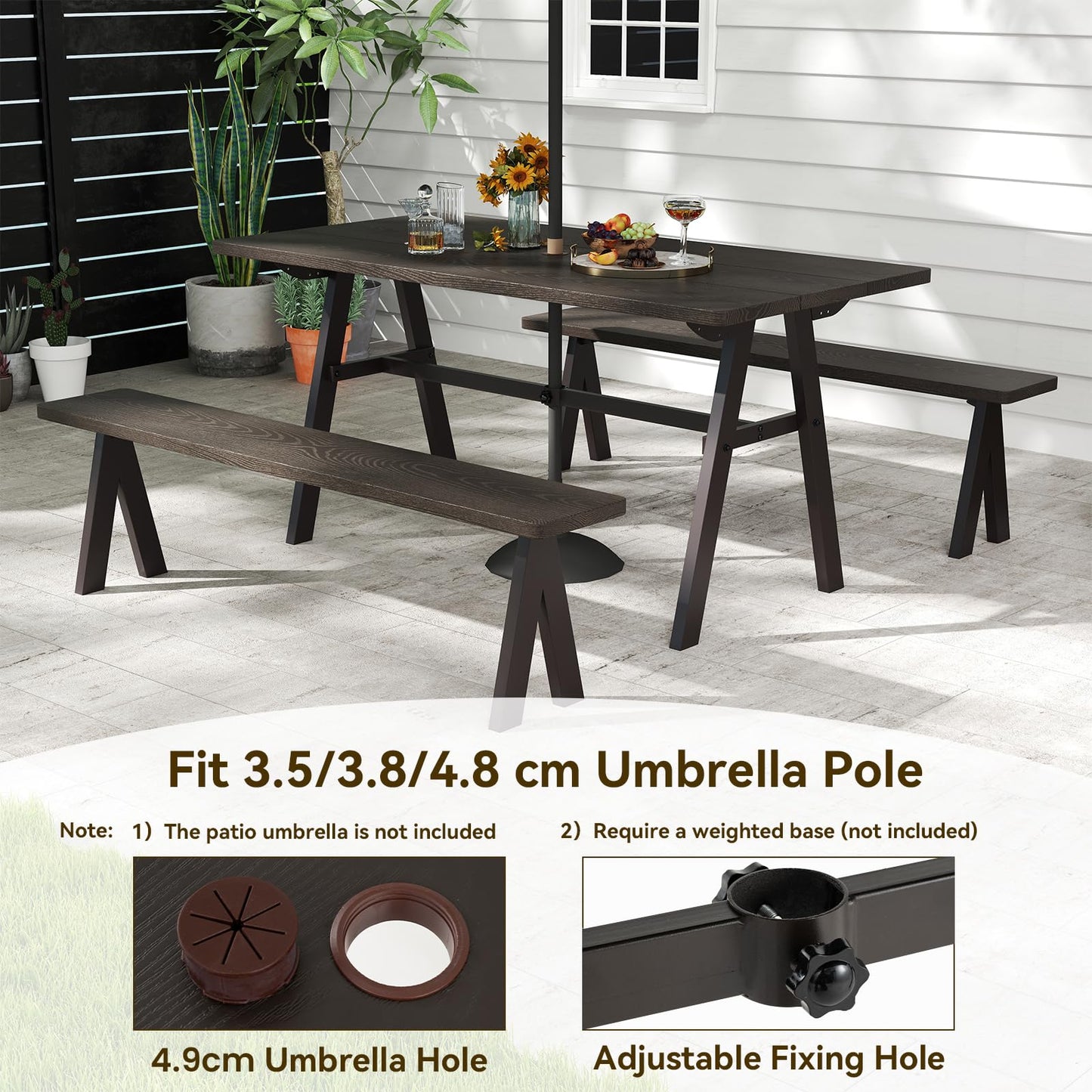 3 Pieces Outdoor Picnic Table and Benches Set for 6 People with 49MM Umbrella Hole