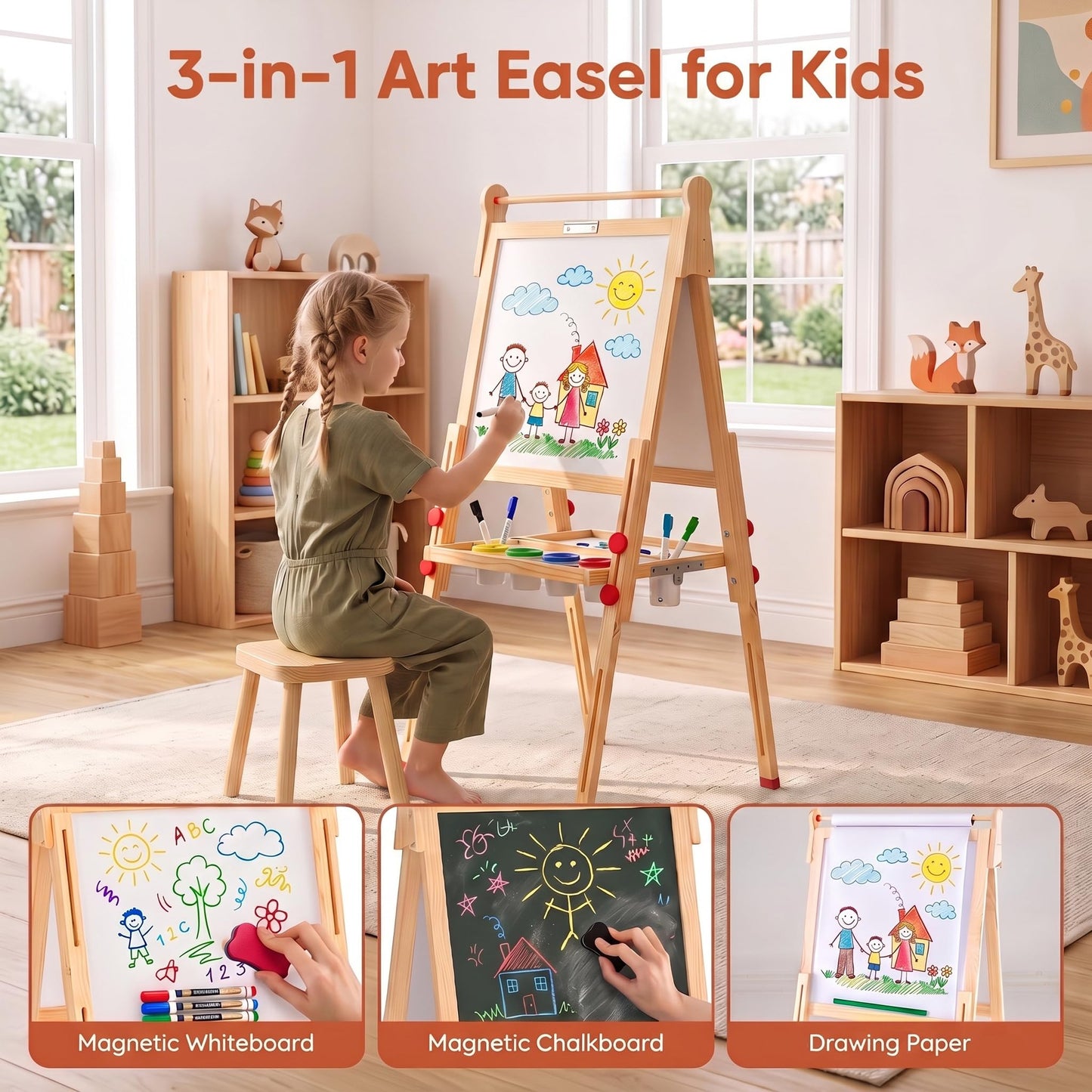 3-in-1 Kids Art Easel, Double-Sided Folding Wooden Easel