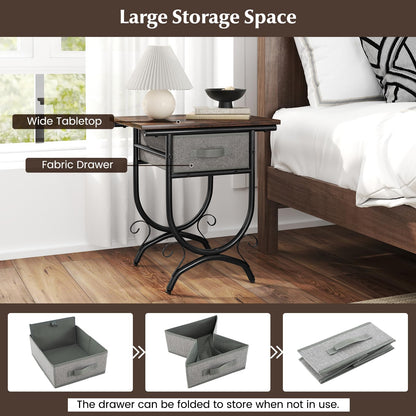 2 Tier Industrial Bedside Table with Fabric Drawer and Wood Top