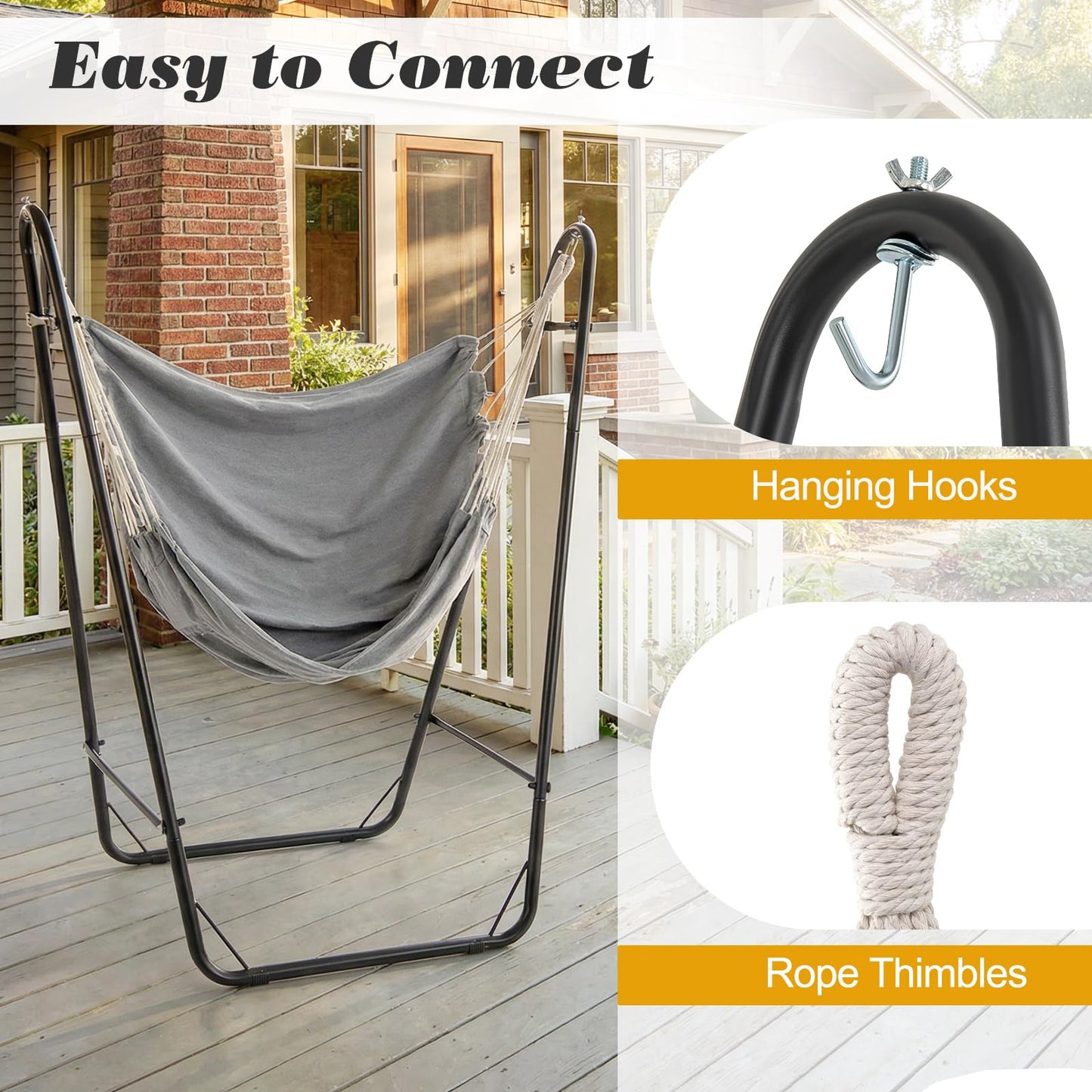 Hammock Chair with Stand, Heavy Duty Metal Frame Swing Chair with Side Pocket