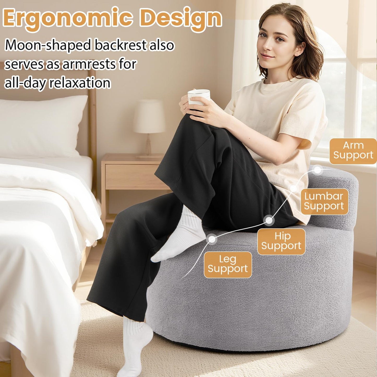 Bean Bag Chair with Soft Teddy Fleece and Curved Backrest