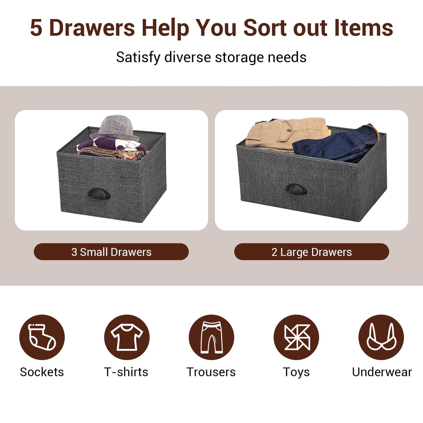 Fabric 5 Drawer Dresser Cabinet with Wooden Top