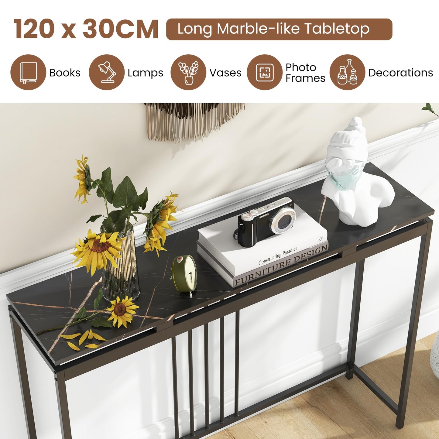 Narrow Console Table 120cm Long Hallway Table with Metal Frame & Faux Marble Top