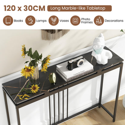 Narrow Console Table 120cm Long Hallway Table with Metal Frame & Faux Marble Top