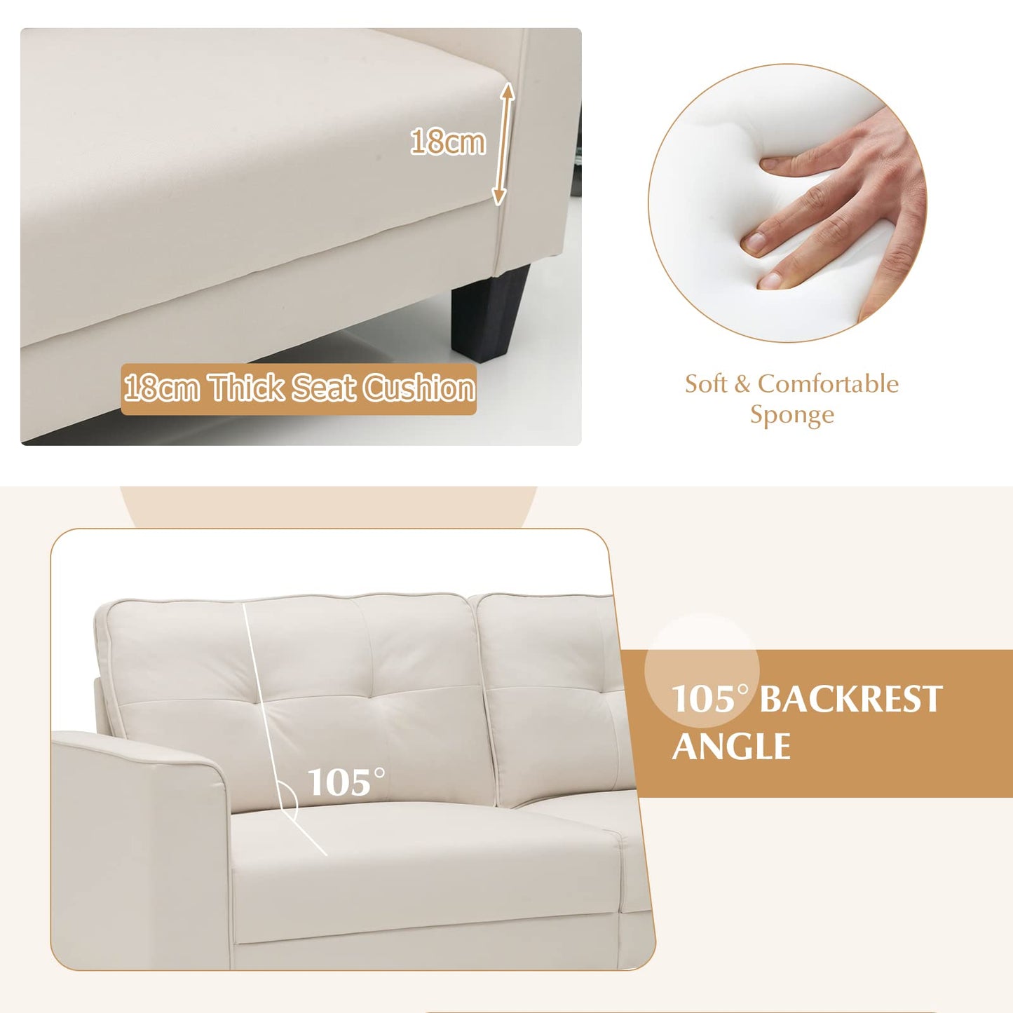 Modern Upholstered Corner Sofa Couch with 2 Removable Back Cushions