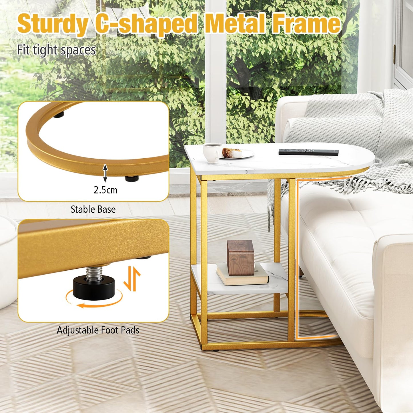 2 Tier C shaped End Table Modern Sofa Side Table with Metal Frame