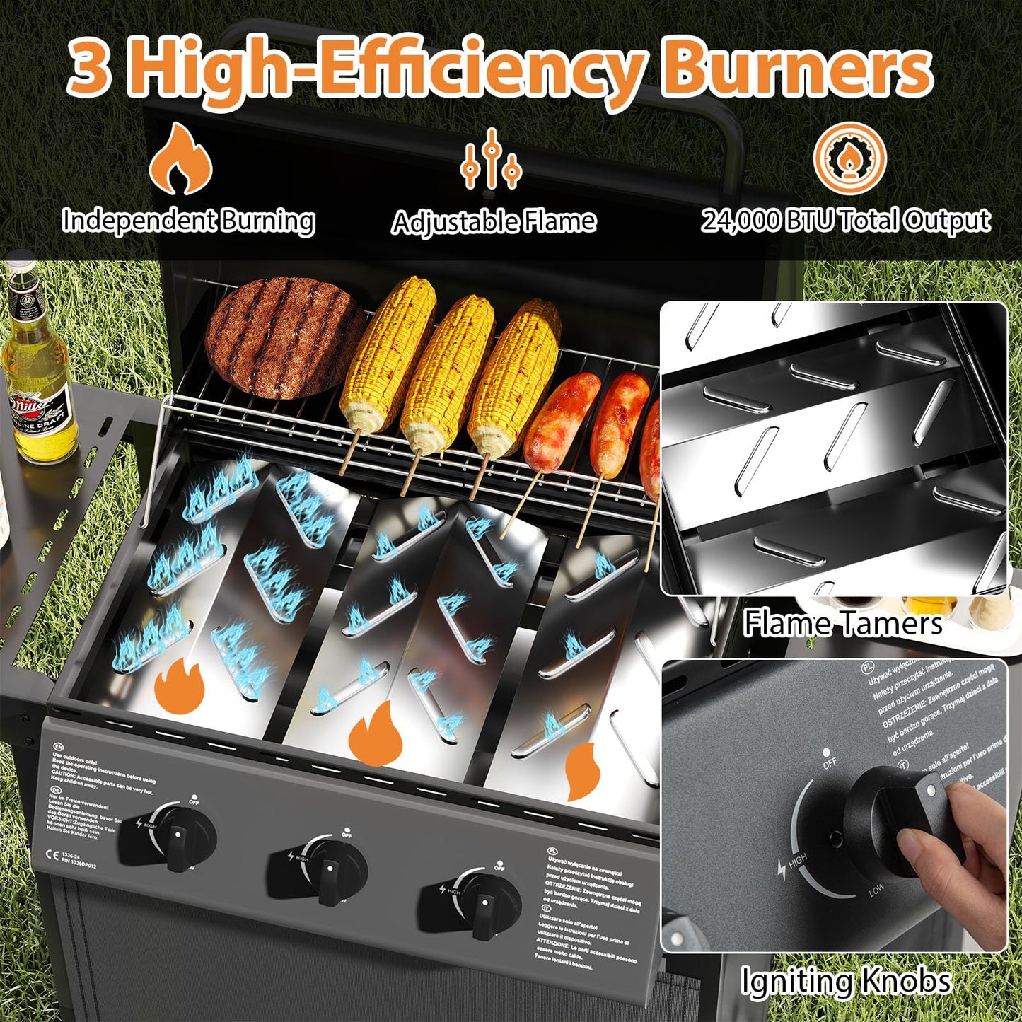 3-Burner Propane Gas Grill 24,000 BTU Portable with Lid and Side Tables