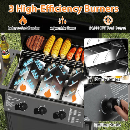 3-Burner Propane Gas Grill 24,000 BTU Portable with Lid and Side Tables