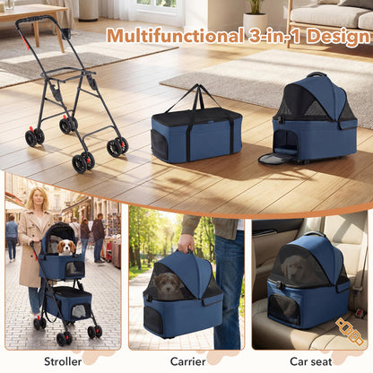 Double Pet Stroller, 4 Wheels Foldable Dog Pushchair Cat Buggy