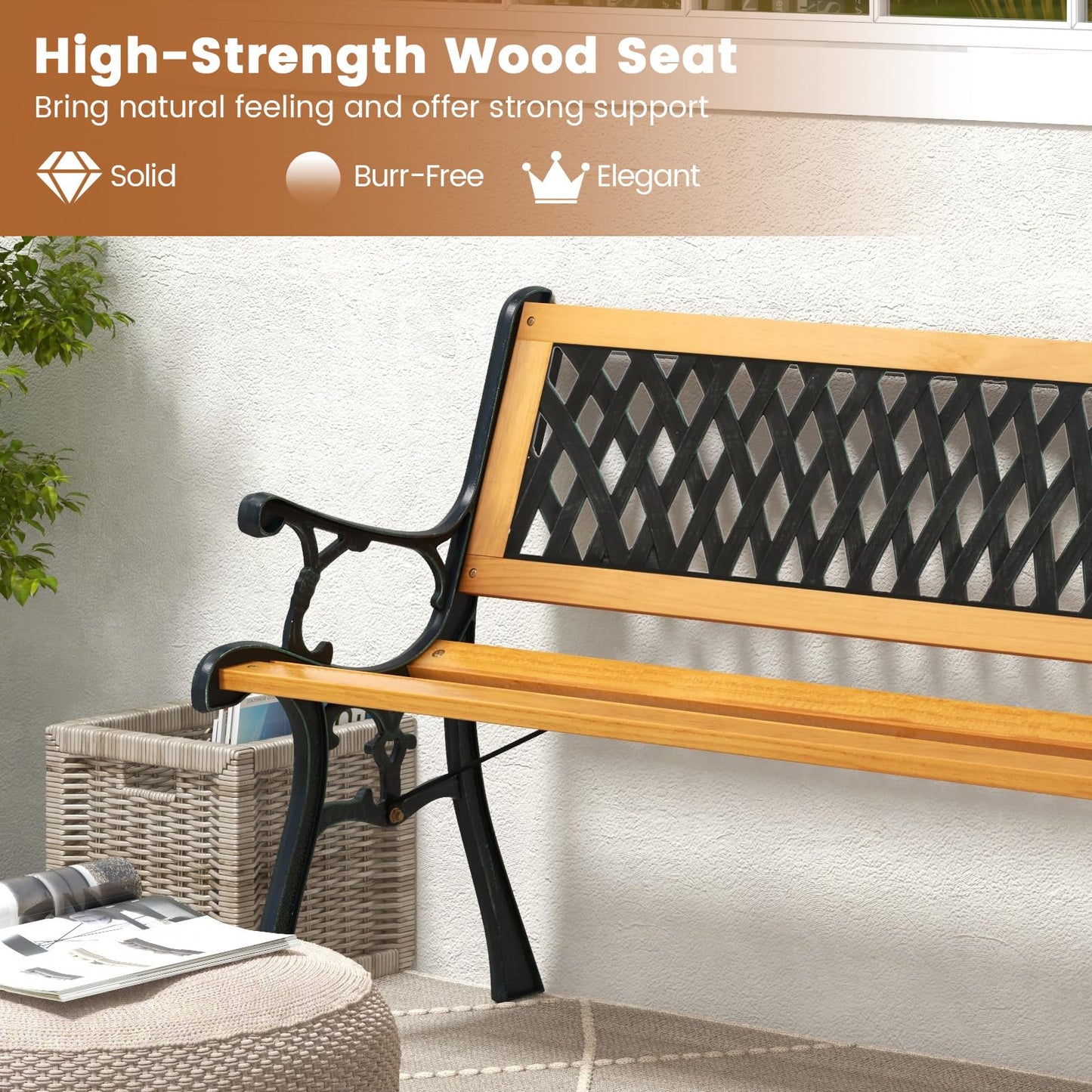 126cm Patio Garden Bench with Curved Armrests and Appealing Back