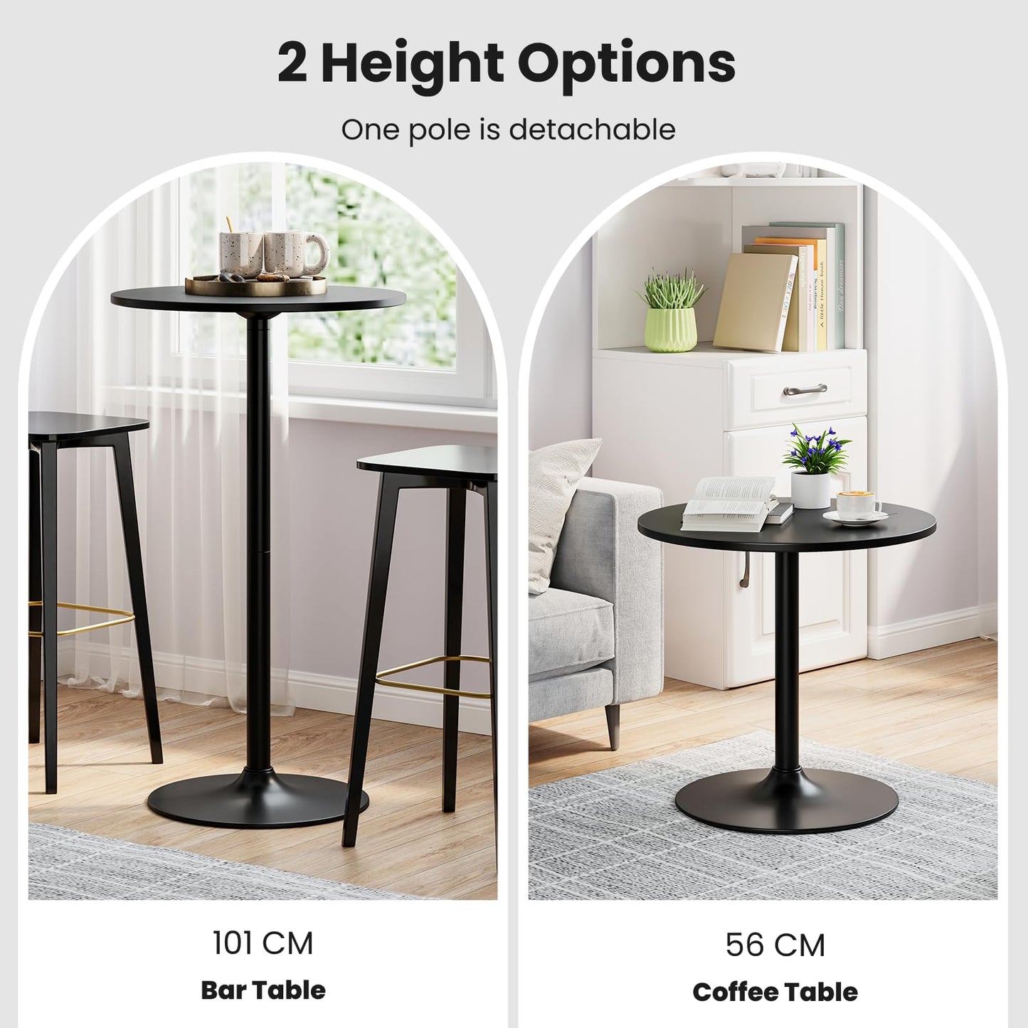 2-in-1 Bar Table Set of 2 with Detachable Pole & Metal Base