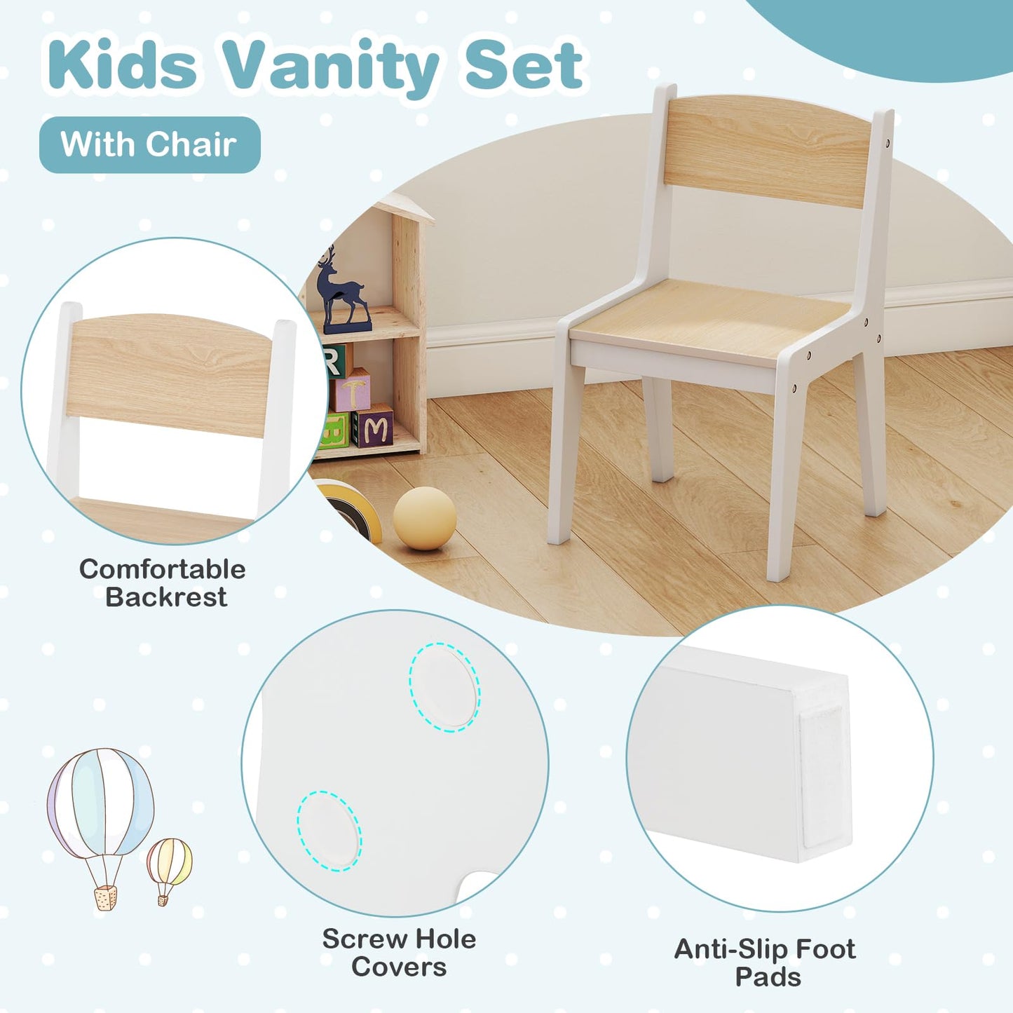 Kids Vanity Table and Stool Set with 2-Color LED Lights Mirror