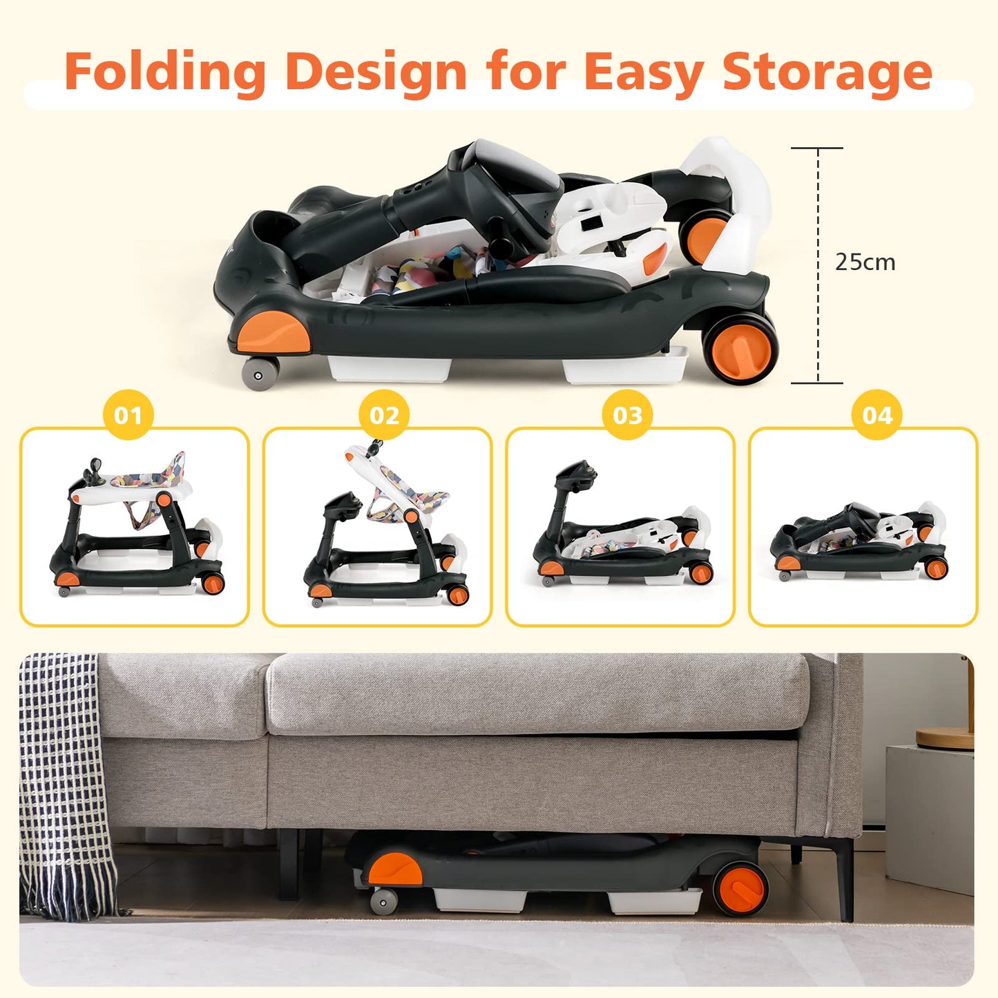 2 in 1 Foldable Toddler Push Along Walker with Music