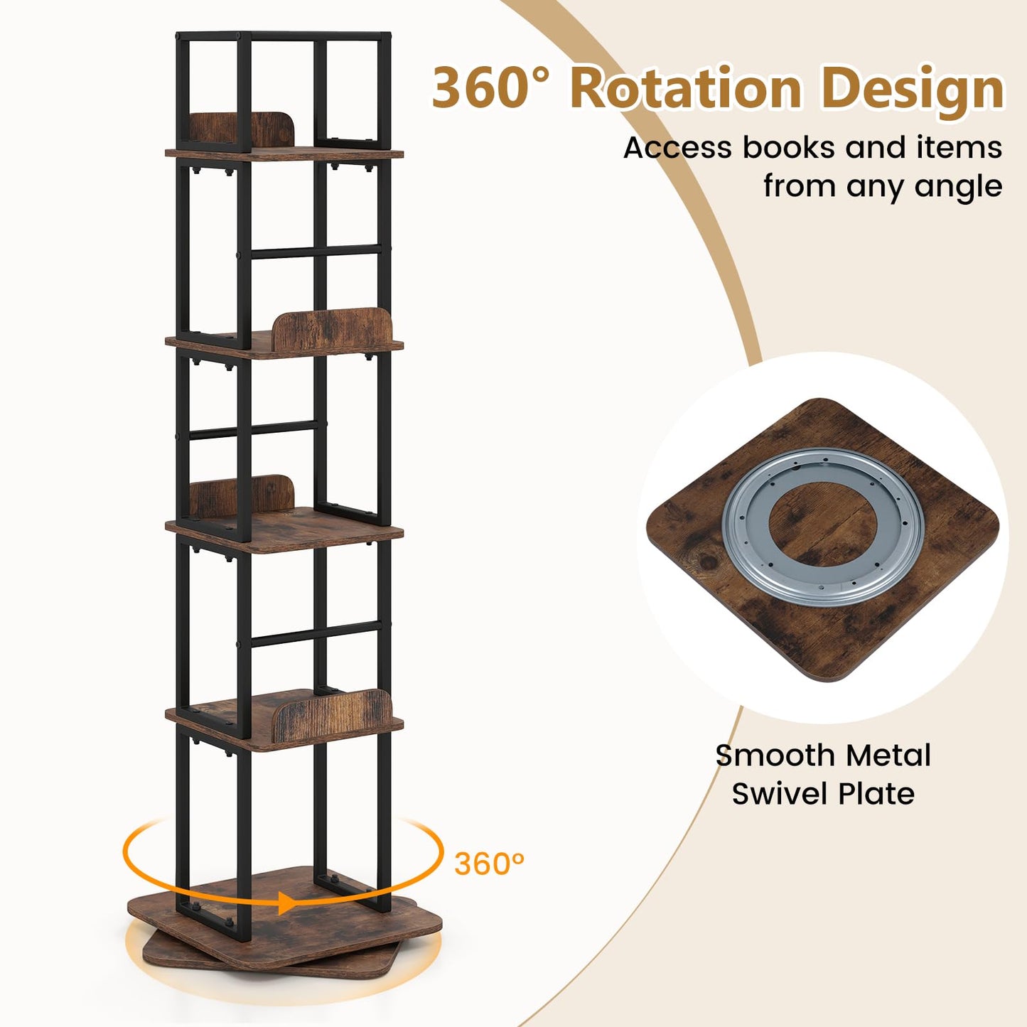 5-Tier Rotating Bookshelf Tower with 360° Spin & Side Rails for Small Spaces