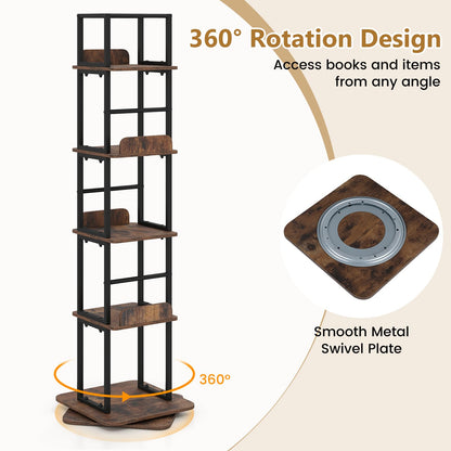 5-Tier Rotating Bookshelf Tower with 360° Spin & Side Rails for Small Spaces