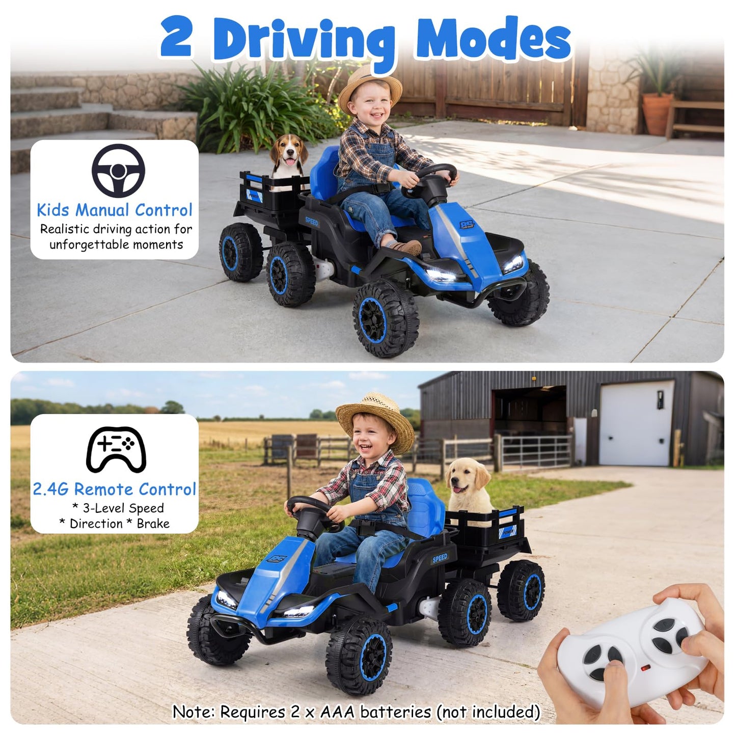 24V Ride on Tractor with Trailer, Kids Electric Car