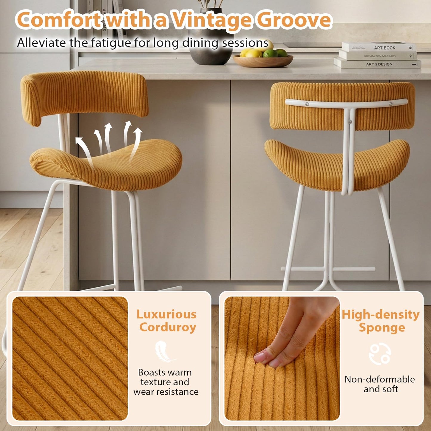 Bar Stools Set of 2, Fabric/PU Leather Upholstered Bar Chairs with Curved Back