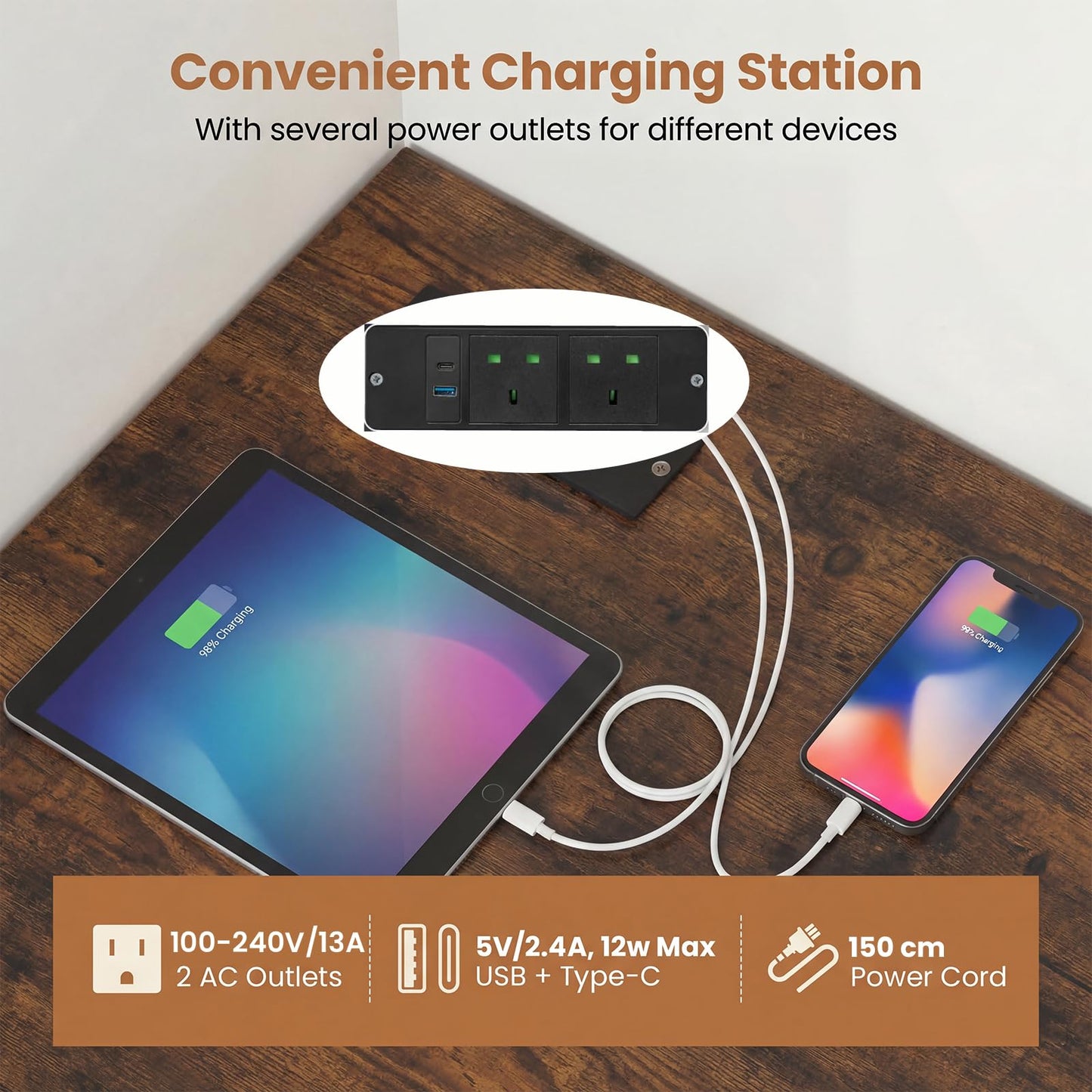 Charging Station and Storage Shelves, Space-Saving Wooden Gaming PC Laptop Table