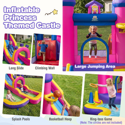 Inflatable Water Slide, Princess Themed Water Park with Long Slide, Jumping Area, Climbing Wall, Splash Pool, Basketball Hoop