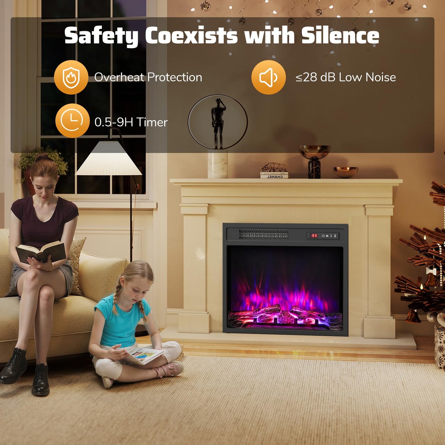 18 Inch Electric Fireplace Insert 750W/1500W Fireplace Heater with Remote Control