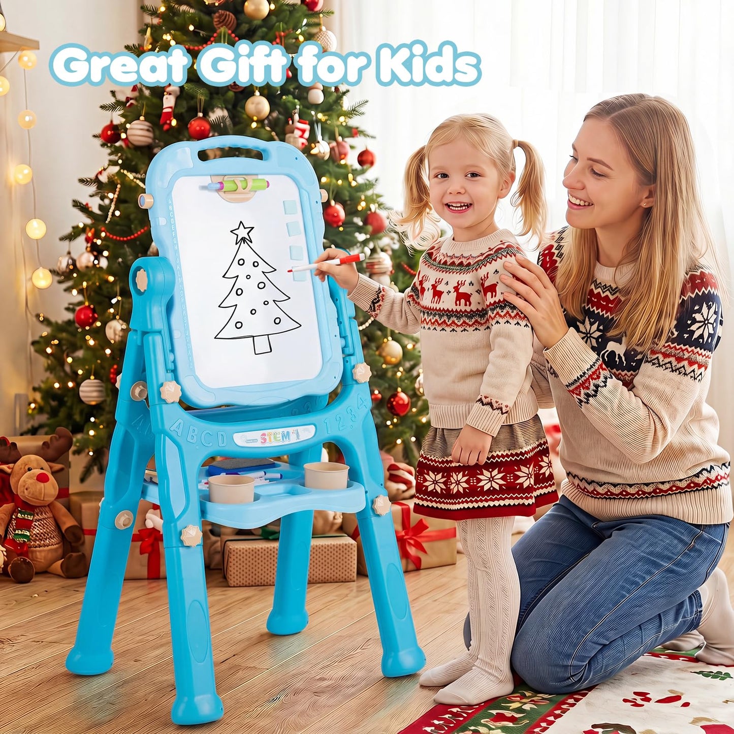 4-In-1 Double Side Easel for Toddler with Magnetic Chalkboard