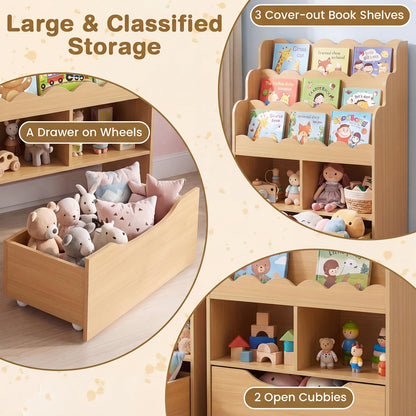 5-Tier Kids Bookshelf with Shelves & Rolling Drawer for Nursery Playroom