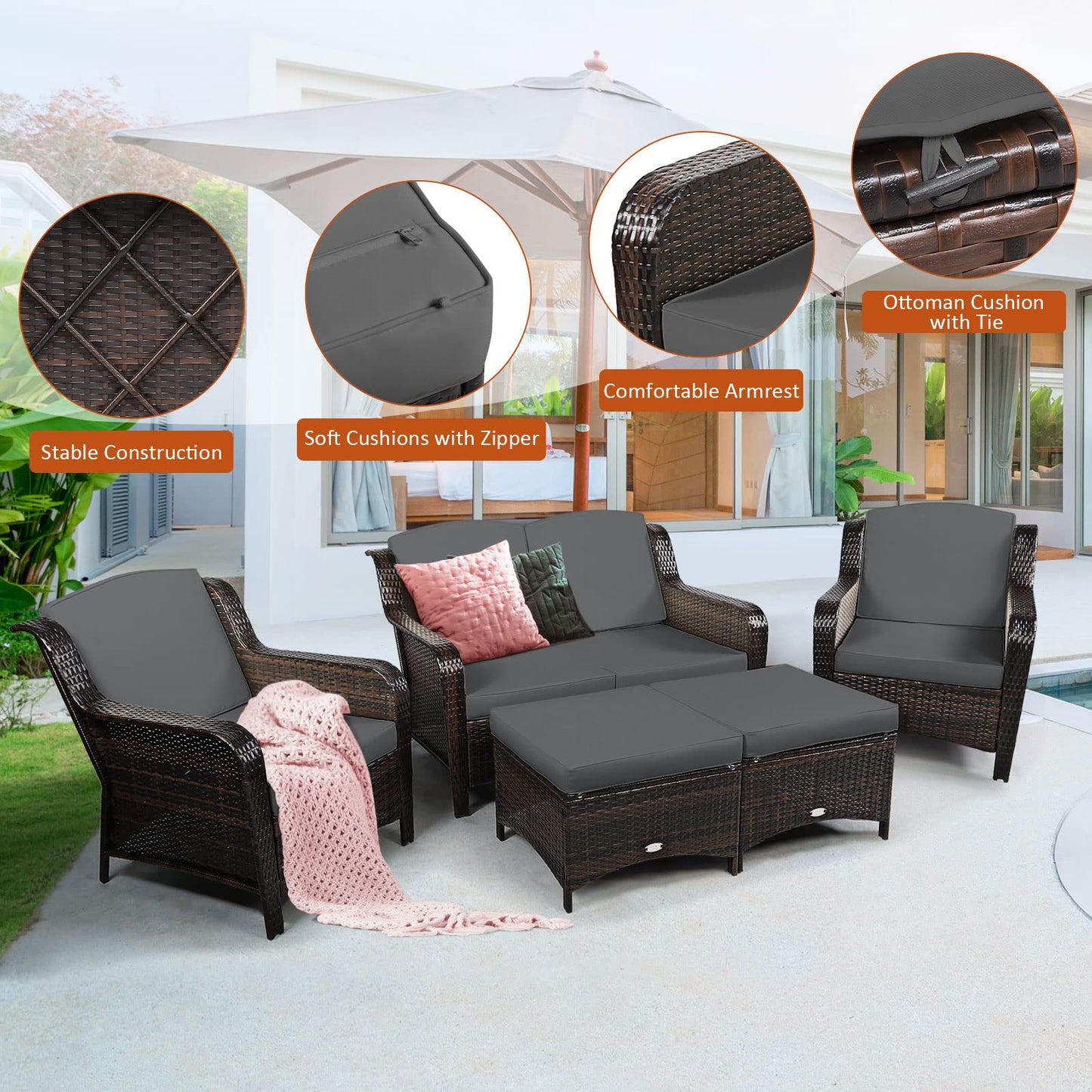 5 Pieces All-Weather Outdoor Sectional Conversation Set for Balcony Yard Lawn