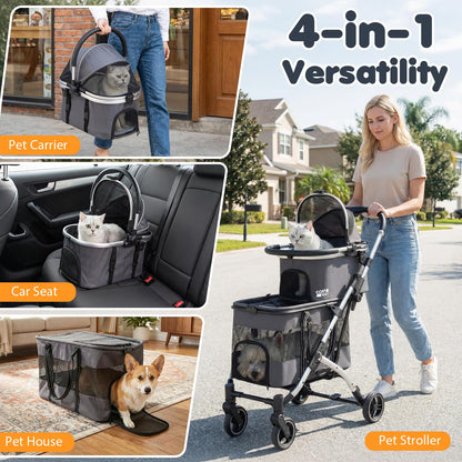 Double Pet Stroller with 2 Detachable Carriers 4-in-1 Foldable Dog Jogger Car Seat
