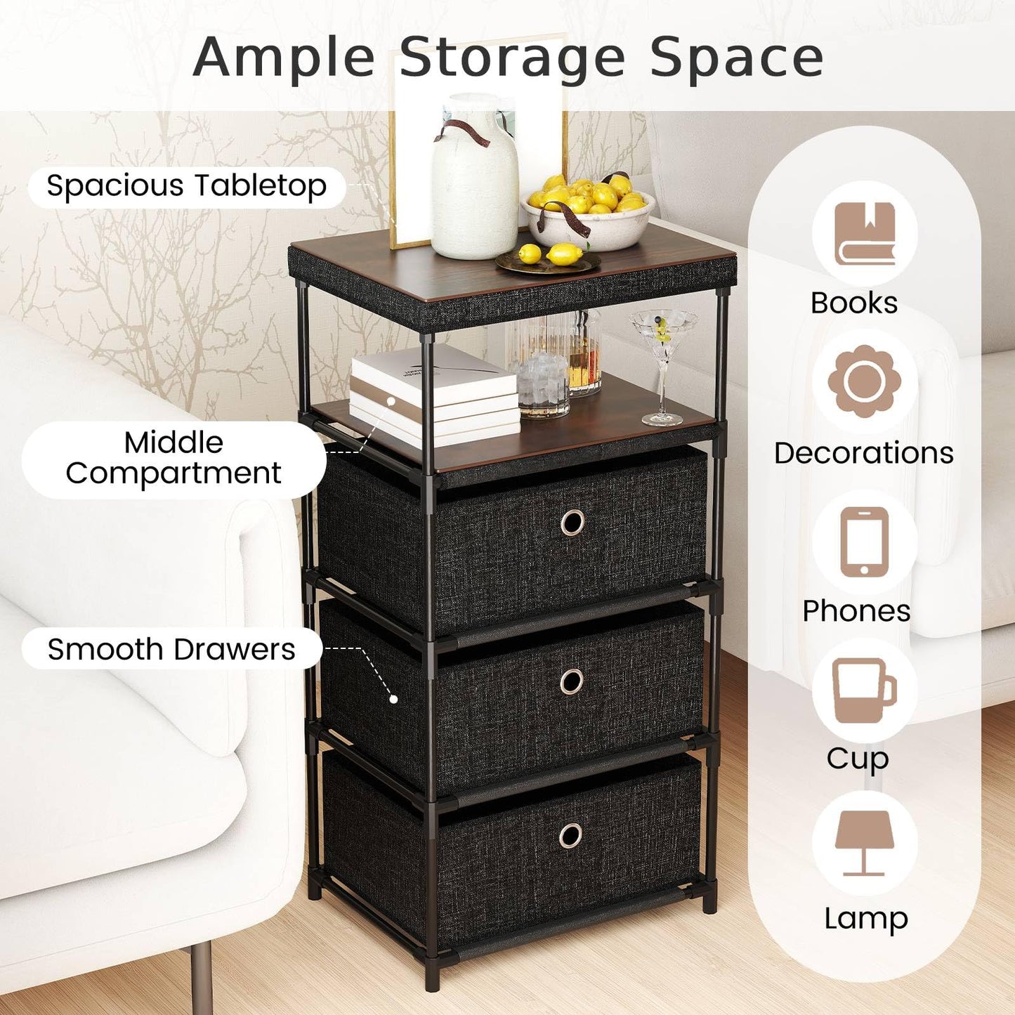 Dresser with 3 Drawers with Wood Top and Metal Frame