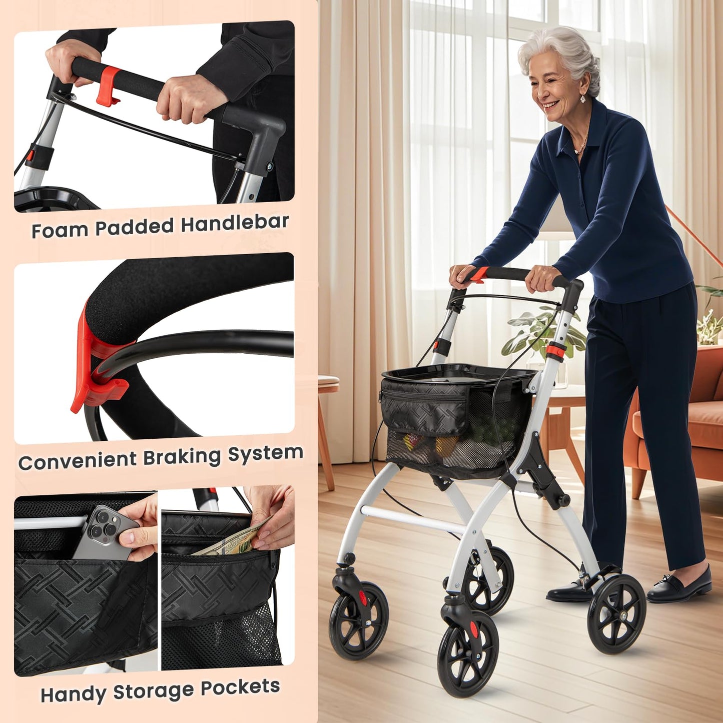 Rollator Walkers Lightweight Foldable Rolling Walker with Tray for Seniors