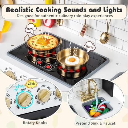 Kids Play Kitchen, Wooden Pretend Toy Kitchen with Realistic Lights & Sounds