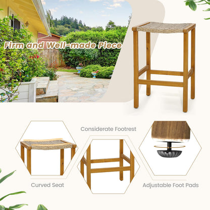 GiantexUK Rattan Garden Bar Stools Set of 2, Acacia Wood Patio Chairs with Curved Seat