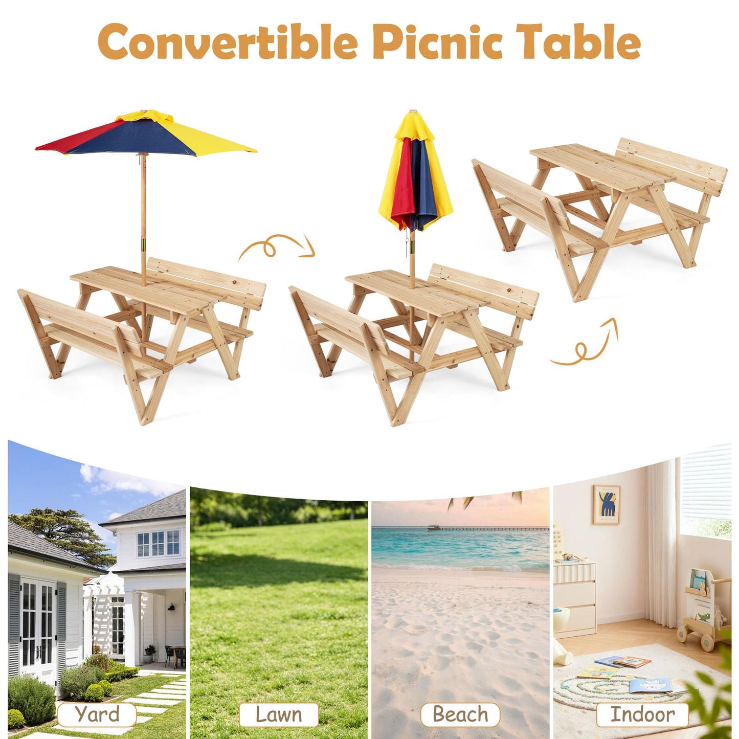 Kids Picnic Table Bench Set, Children 4 Seat Activity Play Table with Removable & Folding Umbrella