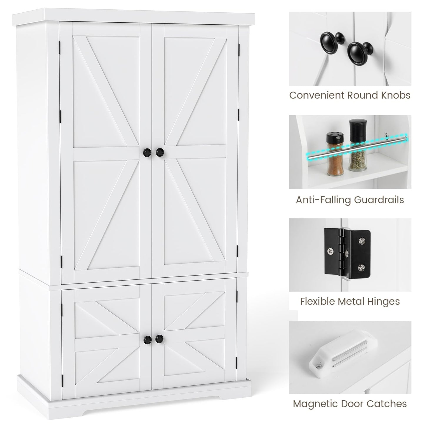 Tall Kitchen Cupboard, 4-Door Pantry Cabinet with Adjustable Shelves