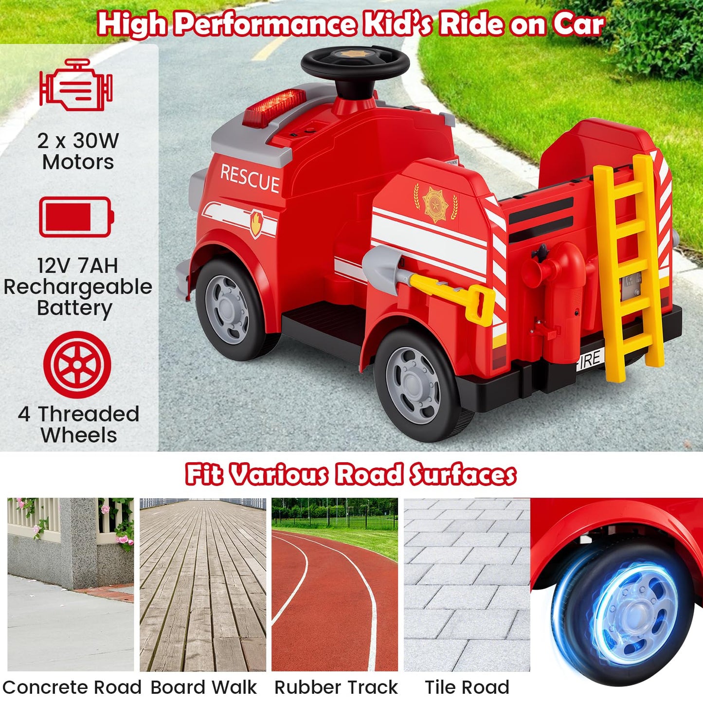 12V Kids Ride on Fire Truck with Shovel and Wrench