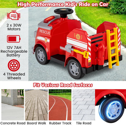 12V Kids Ride on Fire Truck with Shovel and Wrench