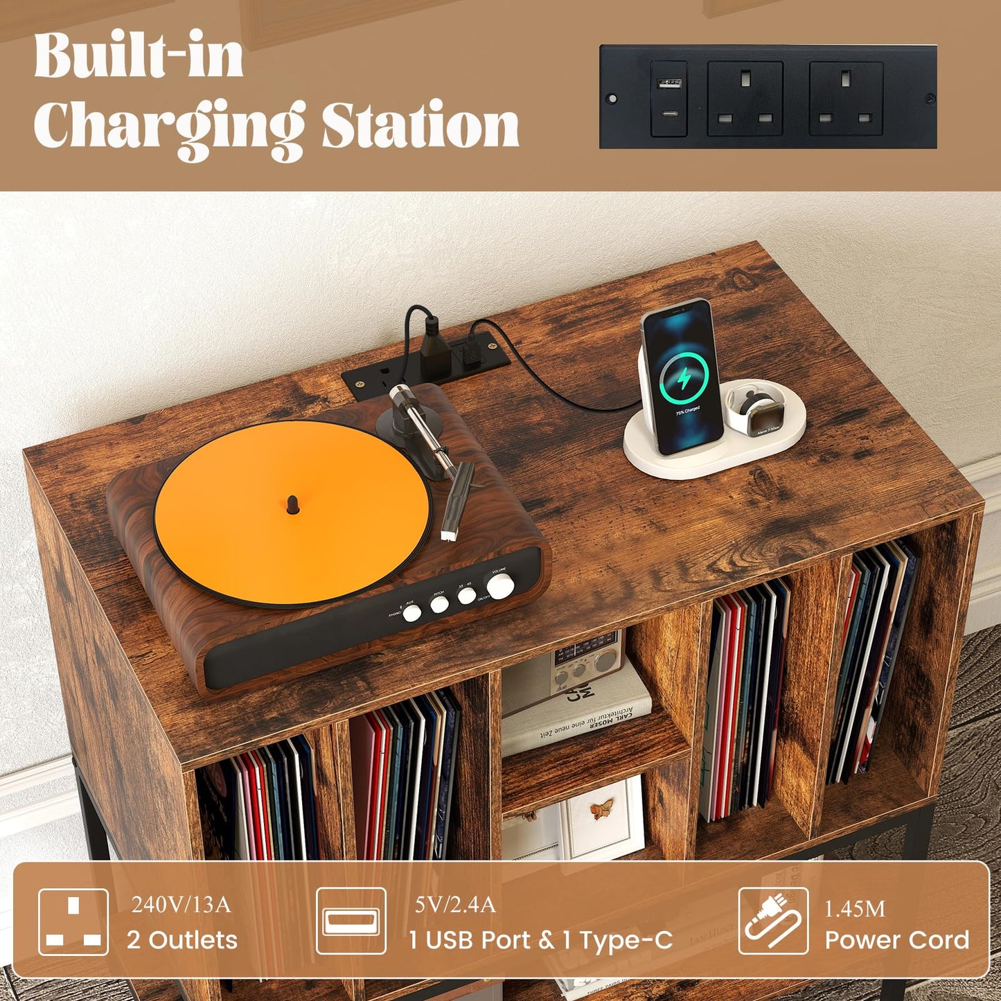 Record Player Stand with Charging Station for Living Room