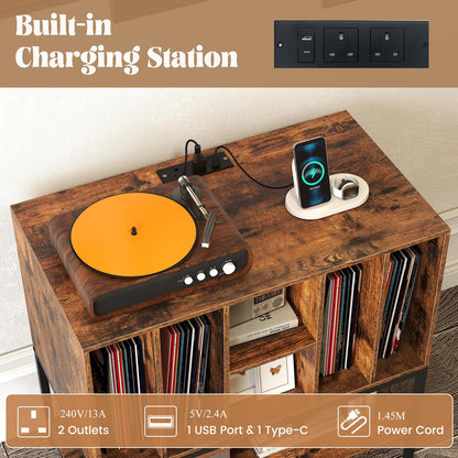 Record Player Stand with Charging Station for Living Room