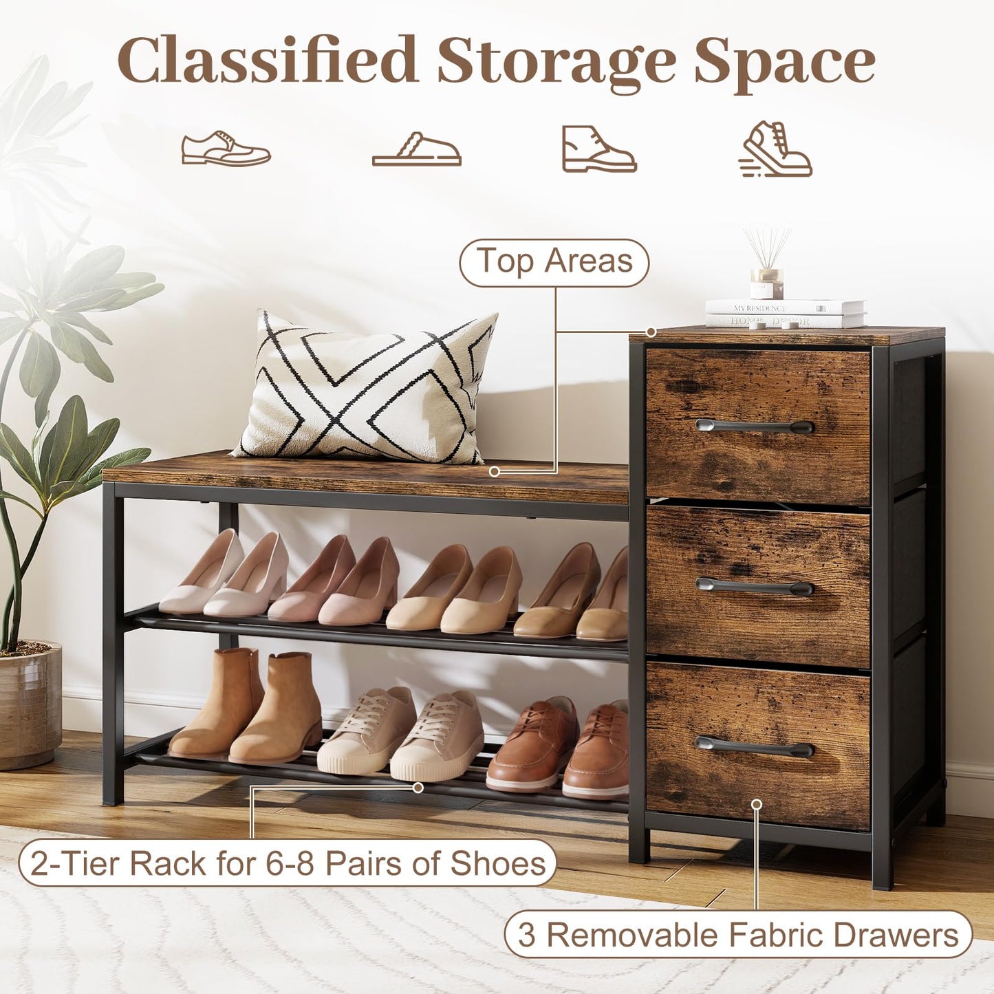 Industrial Shoe Bench with 3 Removable Drawers and Anti-Toppling Kits for Entryway
