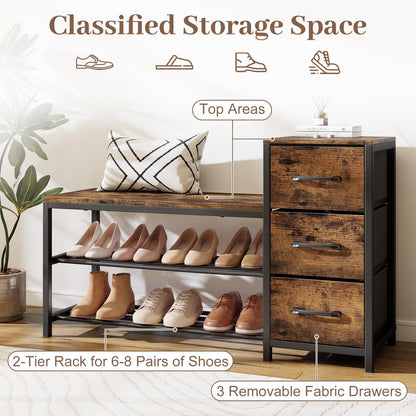 Industrial Shoe Bench with 3 Removable Drawers and Anti-Toppling Kits for Entryway