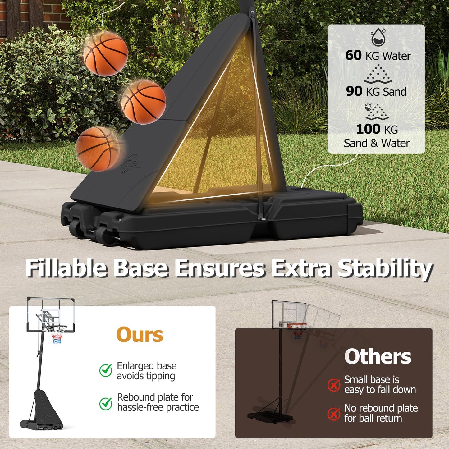 2.45-3.05M Portable Basketball Hoop Height Adjustable with Shatterproof Backboard