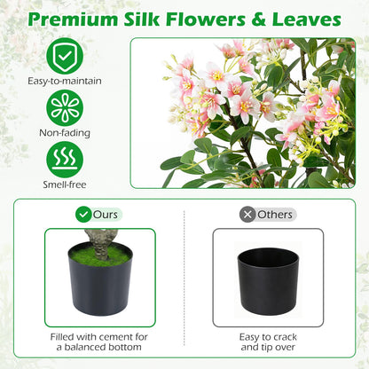 90 CM Artificial Impatiens Blossom Tree Faux Pink Floral Plant in Cement-filled Pot
