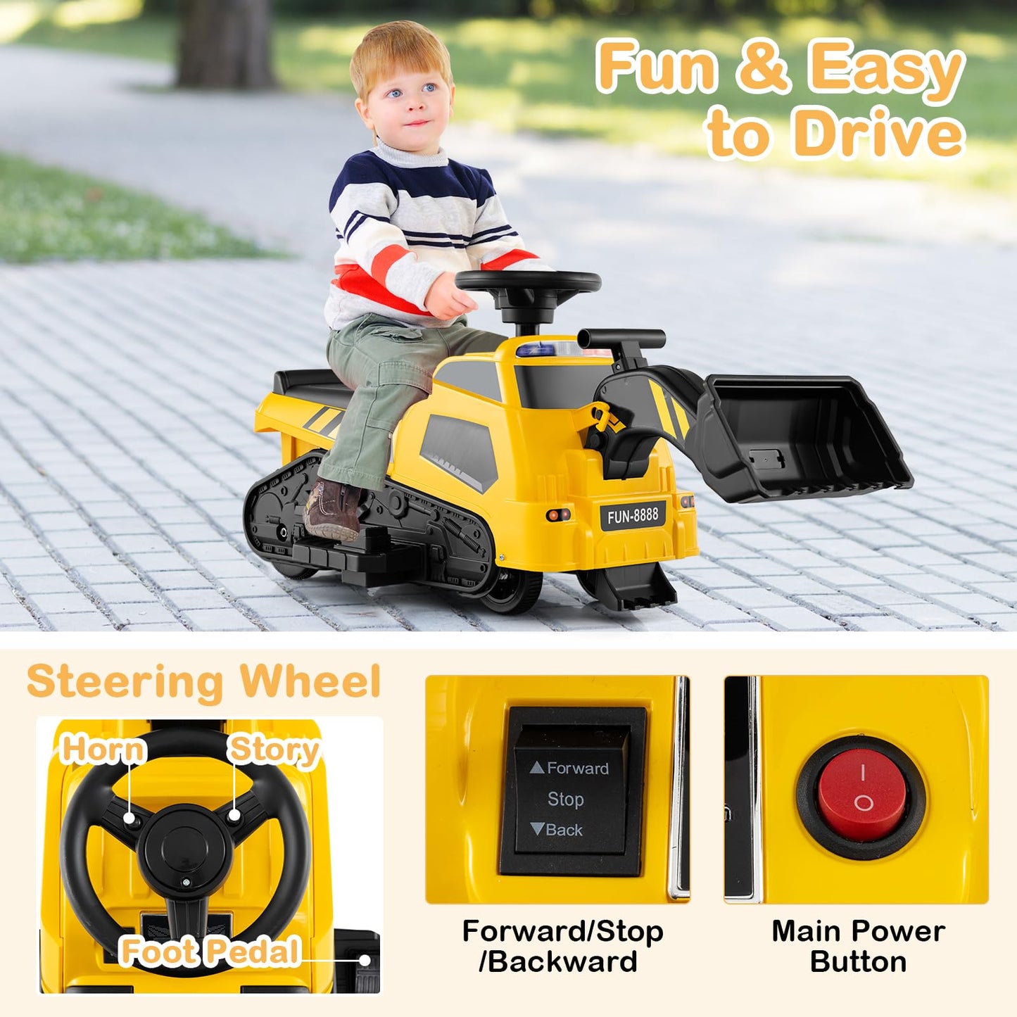 6V Electric Toy Bulldozer Excavator with Adjustable Arms Music