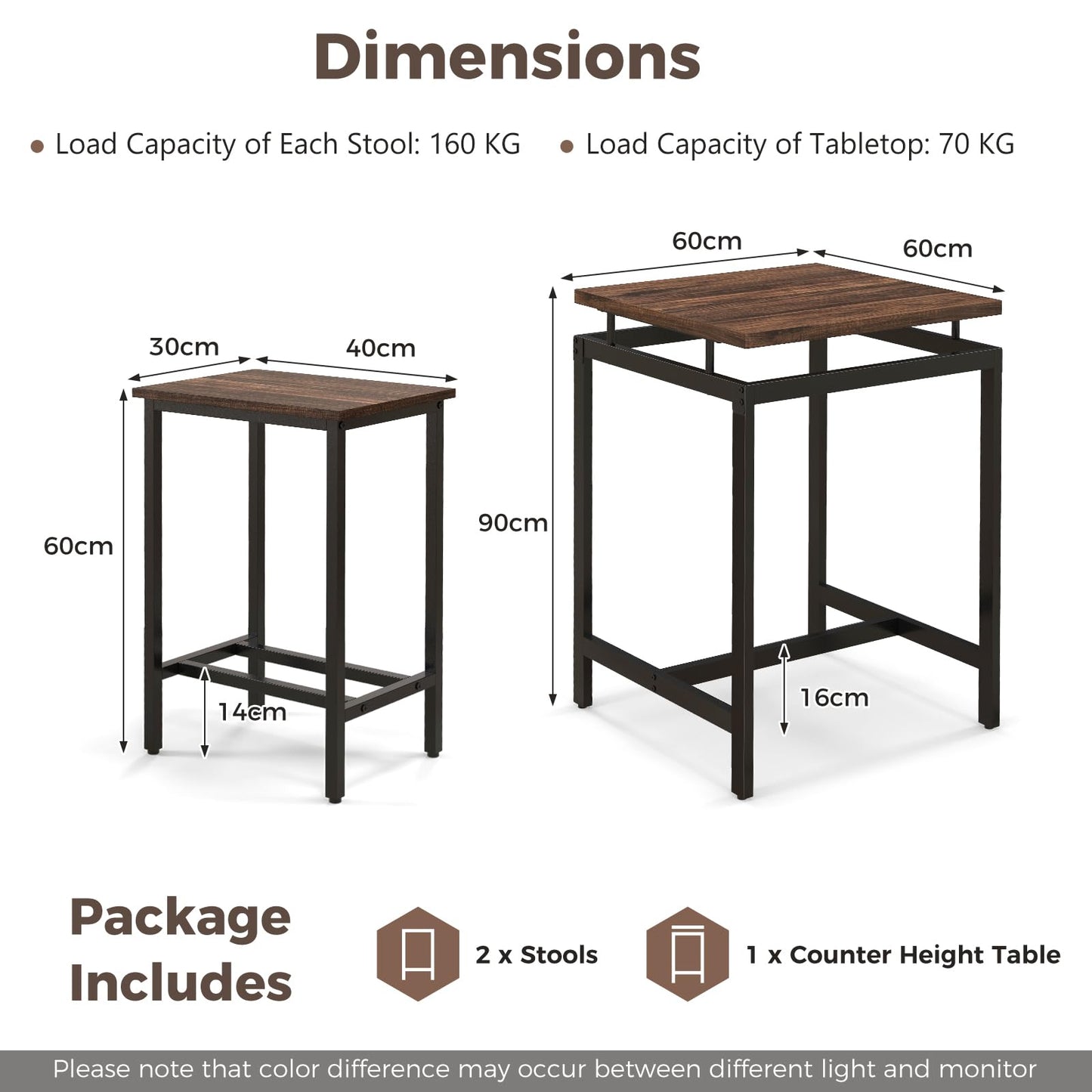 Counter Height Table and 2 Stools set with Floating Tabletop and Footrest for Small Space